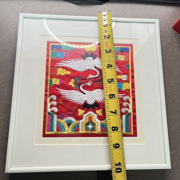 Vintage Chinoiserie Silk Panel Embroidered Crane Bird Floral 10 1/8”X9.5” Framed - Picture 5 of 6